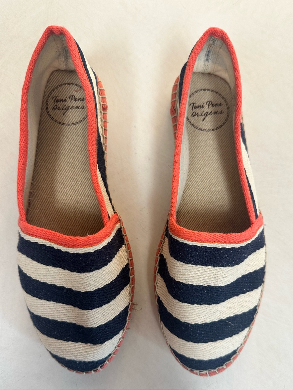 Toni Pons Navy & Cream Striped Espadrille Flats with Coral Trim